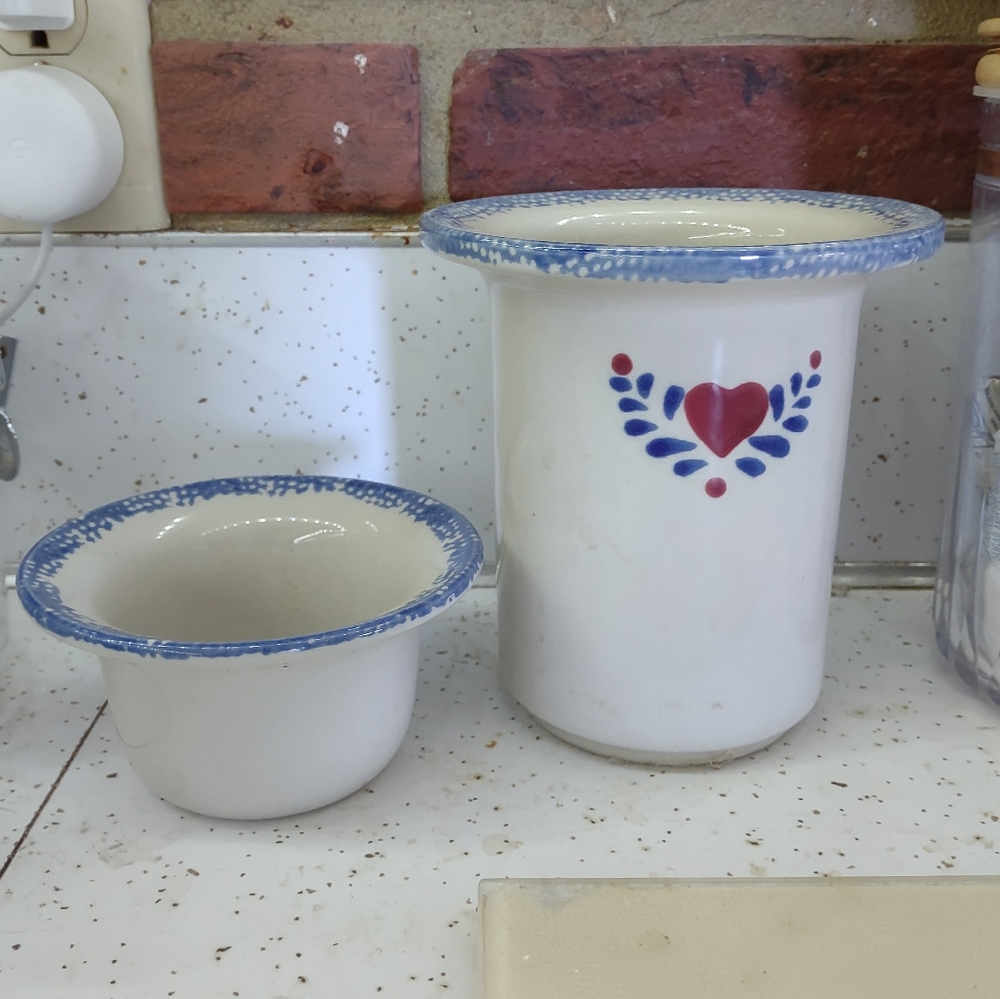 Vintage 2 Pc Stoneware Ceramic Dip Chiller Server Country Red Heart  Farmhouse 